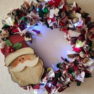 Santa Face Rag Wreath 16" with Lights